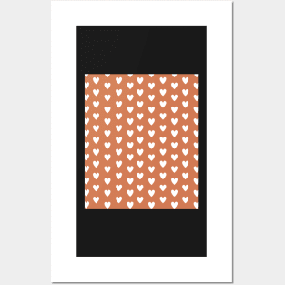 White Hearts, Polka Dots, Pattern on Brown Orange Rust Posters and Art